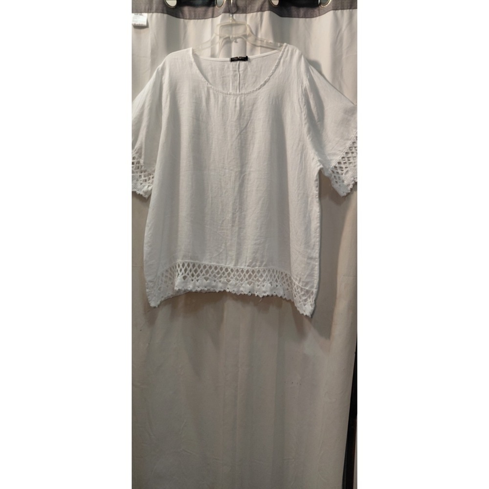 Lungo L'arno Linen Tunic Top White Croquet Trim Lagenlook Womens 2X